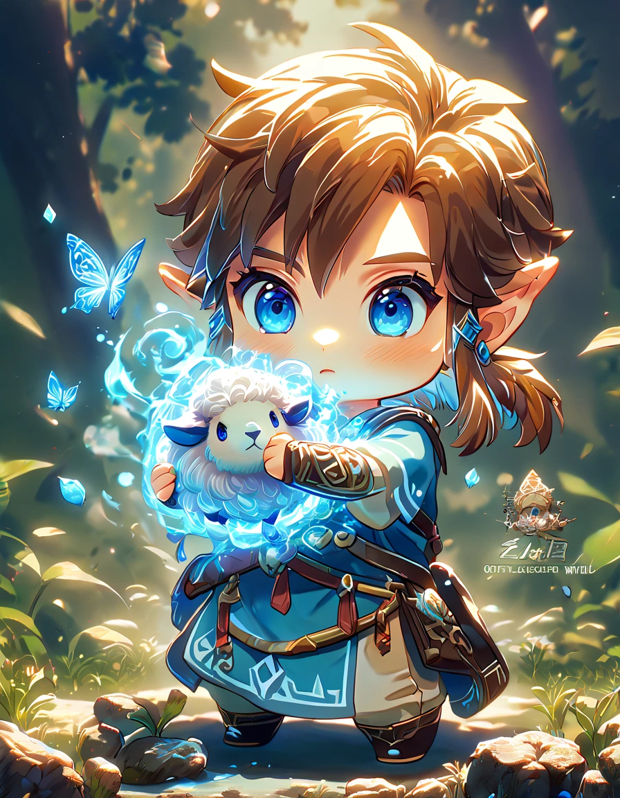 absurdres, highres, ultra detailed, HDR, master piece, best quality, extremely detailed, Link chibi, brown hair, expressive blue eyes, The Legend Of Zelda Breath Of The Wild, boy hugging a sheep, cute, small, blue tunic, magical, fantasy, magic, blue fire, forest, glittering, blue butterflies, blue petals, blue flowers