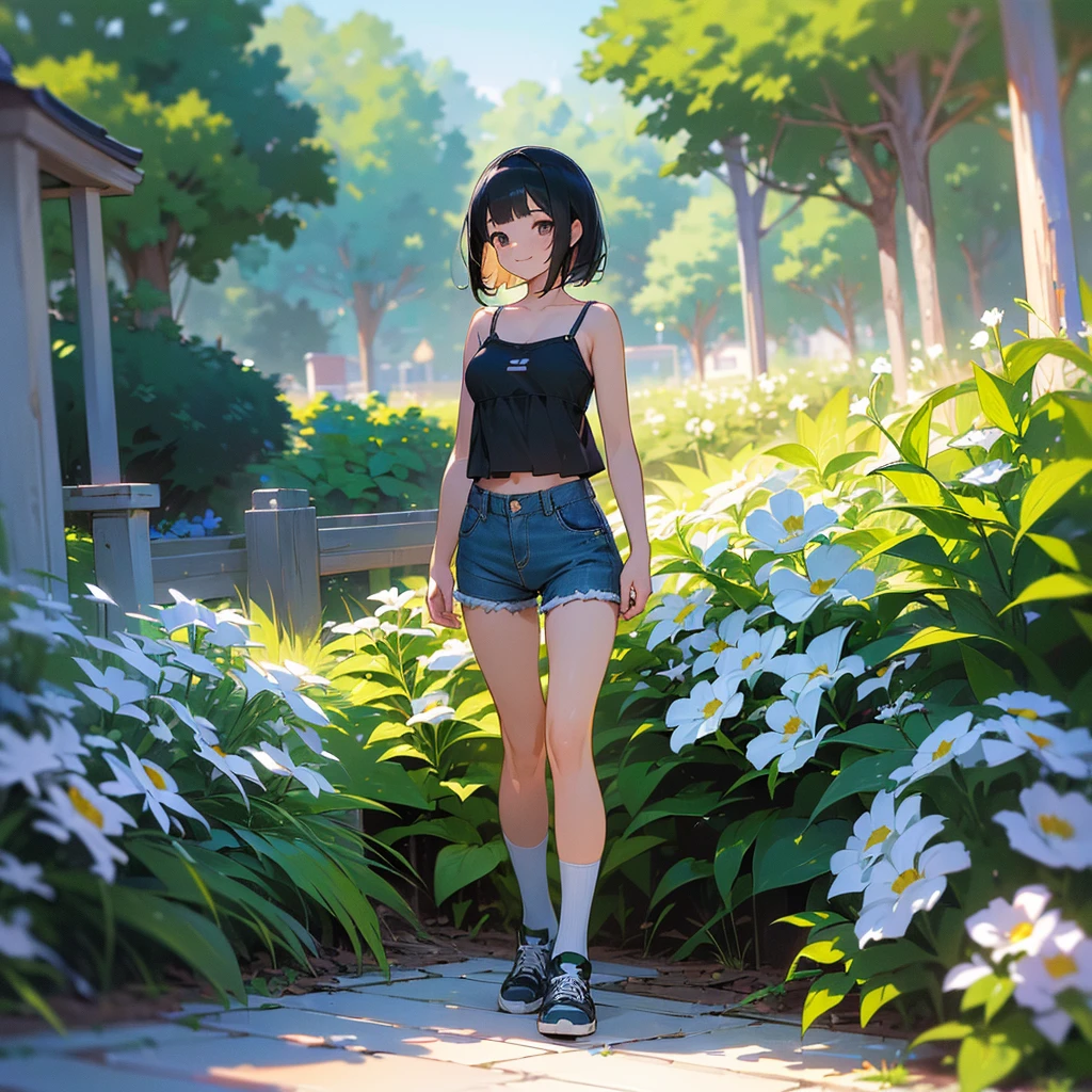 (high quality, High resolution, Very detailed, reality:1.37), Peaceful atmosphere, (Outdoor, garden), Teenage girl standing alone, (my breasts are big.), Beautiful details, Cute Smile, (Black bob hair), camisole, Denim shorts, Blue socks, sneakers.