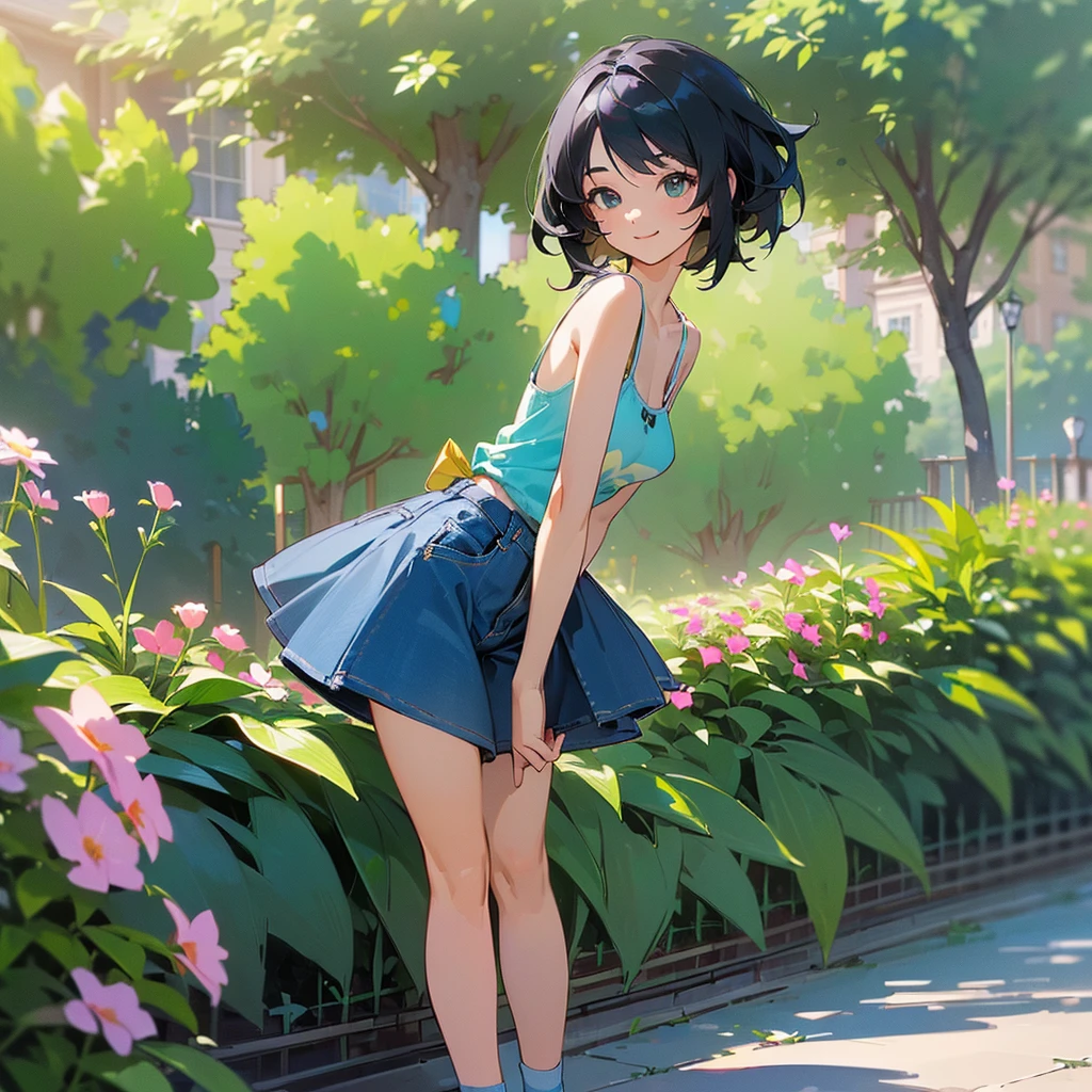 (high quality, High resolution, Very detailed, reality:1.37), Peaceful atmosphere, (Outdoor, garden), Teenage girl standing alone, (my breasts are big.), Beautiful details, Cute Smile, (Black bob hair), camisole, Denim shorts, Blue socks, sneakers.