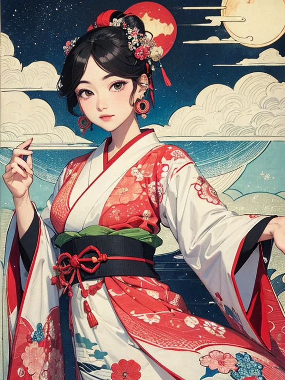 (masterpiece, Highest quality,High resolution, Official Art), (One girl), (Fractal Art:1.1),Bright and vivid color patterns in Japanese clothing、Black hair in a round bun,Traditional Japanese patterned fabric, (Dynamic pose),(Shiny skin), (Many colors:1.4), ,(Earrings:1.4),( Ukiyo-e background,moon,flower,cloud )