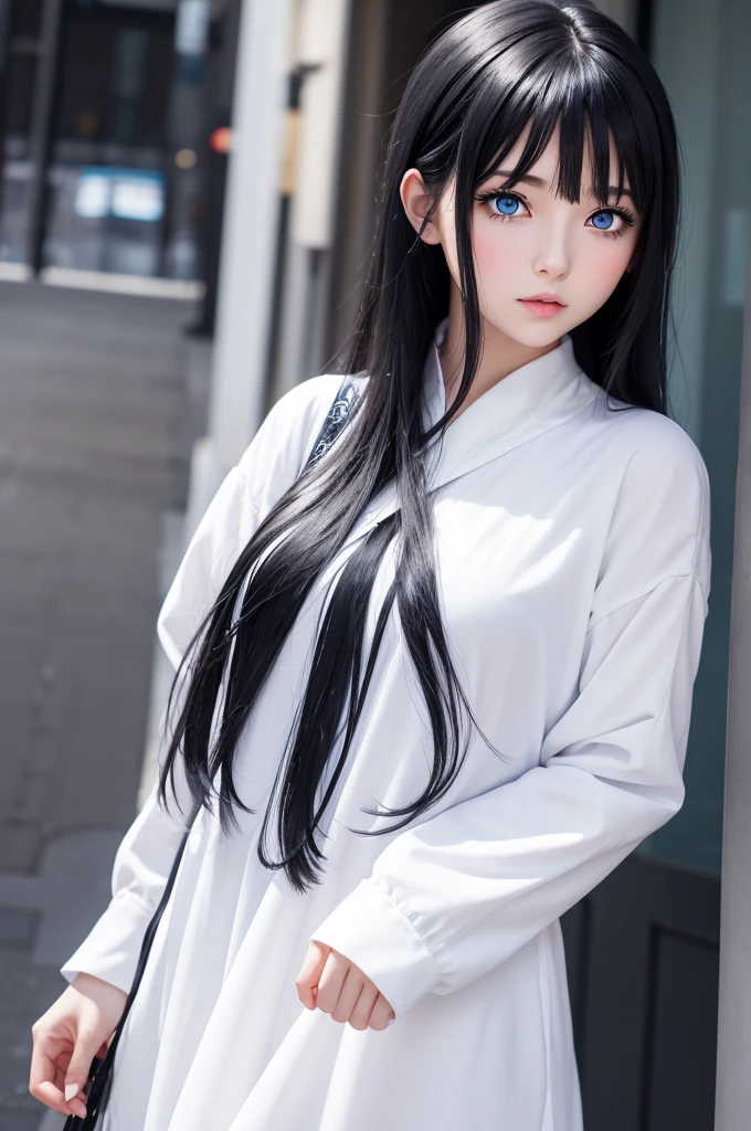 create an anime style girl with black hair blue eyes and white clothes