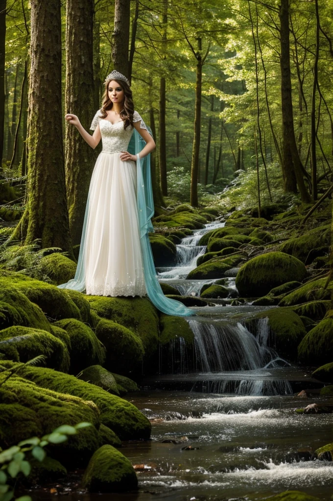 In the heart of an enchanted forest, where cascading waterfalls and towering trees reign, Eleonora stands alone, her long brown hair flowing like a river down her back. Her eyes, as deep as the forest itself, gaze upon the beauty before her with a sense of wonder, while she stretches out her arms, adorned in a flowing white gown embroidered with silver moonstones, as if to embrace the ethereal landscape that surrounds her. <lora:tnrqis18fcaf41be9m9c:1>
