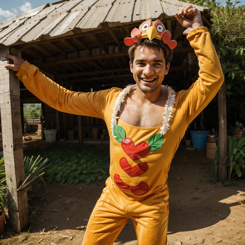 1 cheerful man with open arms, whole body, chicken costume, Cartoon, in a farm, vivid colors, High Definition