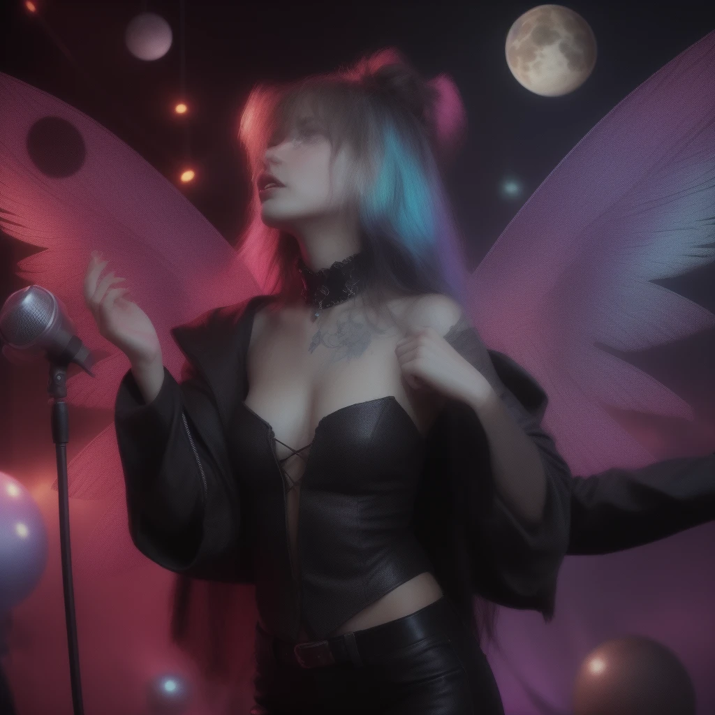 “Mumta, with iridescent wings that shimmer like stardust, prowls the neon-lit stages of distant planets. Her voice, a haunting blend of melancholy and rebellion, echoes through asteroid-filled arenas. Dressed in tattered leather and adorned with cosmic tattoos, she belts out lyrics that speak of love lost across galaxies. Fangs peek out from her crimson lips as she croons, captivating both mortals and extraterrestrials alike.” 🌟🎤🌌