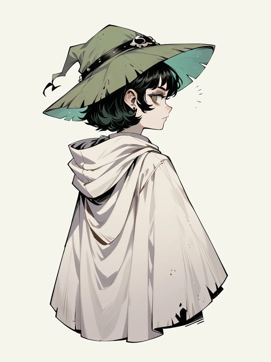 rebellious gnome woman with long pointed green hat, with short black hair and a white cloak, gothic, She has her back turned with her white cloak facing forward and looks back over her shoulders