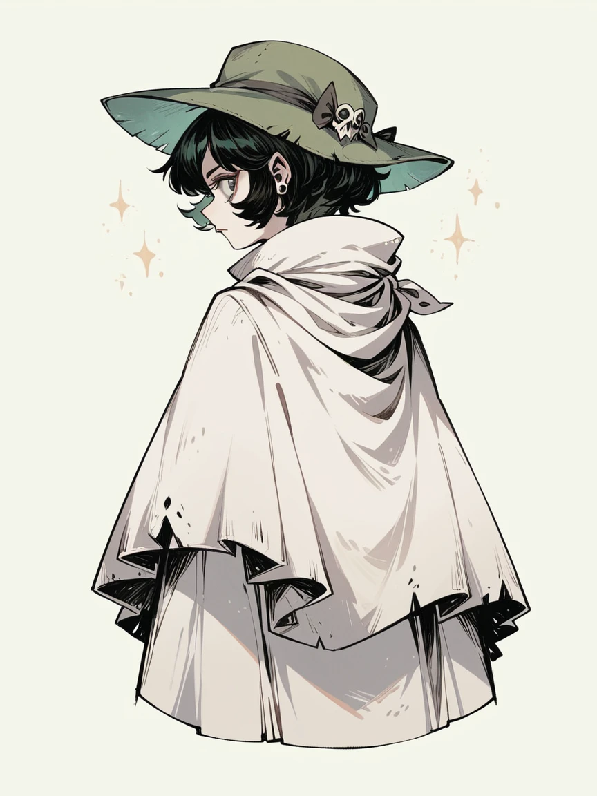 rebellious gnome woman with long pointed green hat, with short black hair and a white cloak, gothic, She has her back turned with her white cloak facing forward and looks back over her shoulders