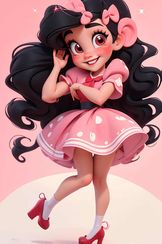 3d illustration, pixar style, cute chibi, baby girl ariana grande, black hair, long hair, red bow in hair, dress red with black with white dots, bright eyes, big eyelash, pink cheeks, happy, smiling, glitter, white socks, red high heels shoes, exuberant, fantastic, cute pose, wonderful, white background, clean solid background, hq, 8k, masterpiece
