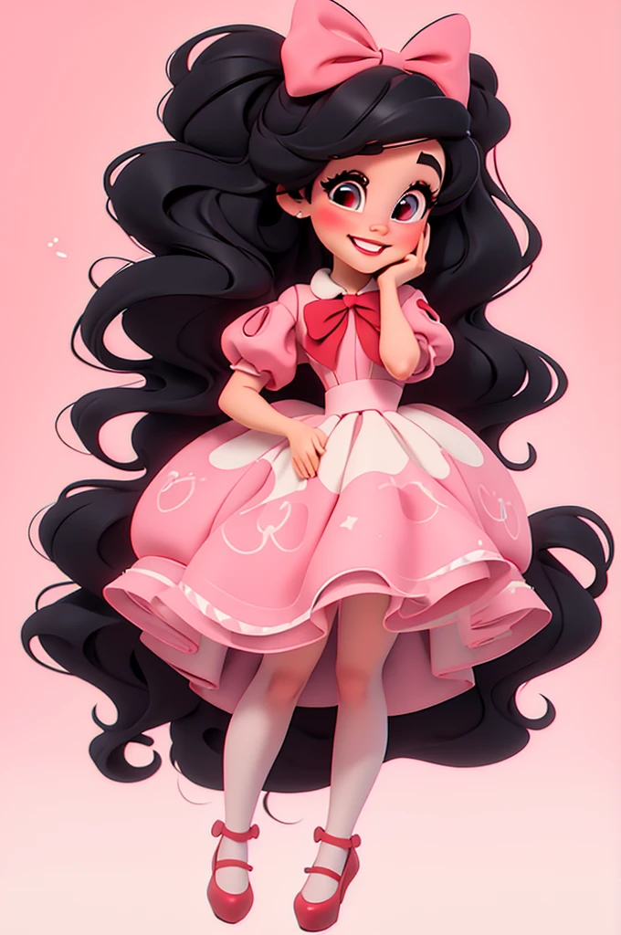 3d illustration, pixar style, cute chibi, baby girl ariana grande, black hair, long hair, red bow in hair, dress red with black with white dots, bright eyes, big eyelash, pink cheeks, happy, smiling, glitter, white socks, red high heels shoes, exuberant, fantastic, cute pose, wonderful, white background, clean solid background, hq, 8k, masterpiece
