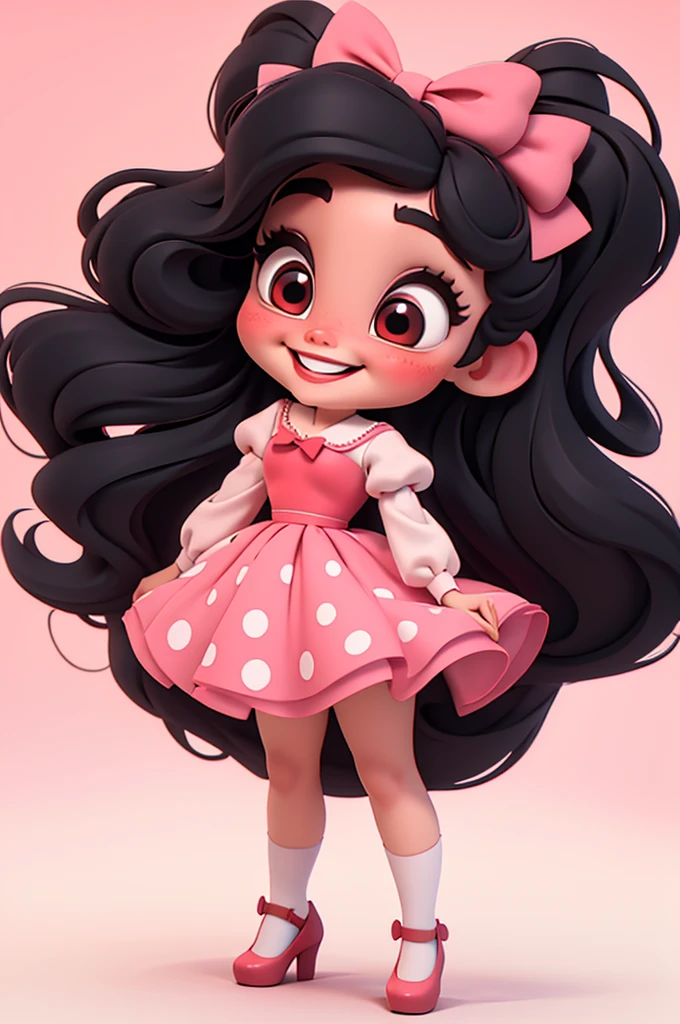 3d illustration, pixar style, cute chibi, baby girl ariana grande, black hair, long hair, red bow in hair, dress red with black with white dots, bright eyes, big eyelash, pink cheeks, happy, smiling, glitter, white socks, red high heels shoes, exuberant, fantastic, cute pose, wonderful, white background, clean solid background, hq, 8k, masterpiece
