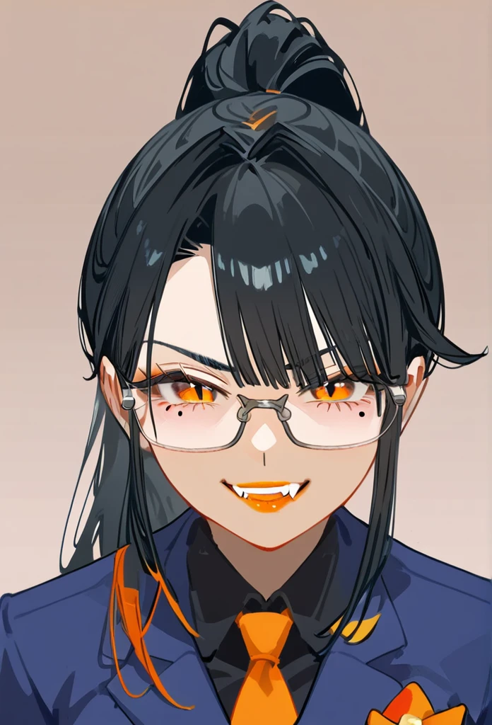 masterpiece, best quality, full body, score_9,older woman,orange lipstick,secretary outfit,siren glasses,arms crossed,mole,ponytail,orange and black hair,black hair,orange streaks,fangs,smirk,close up