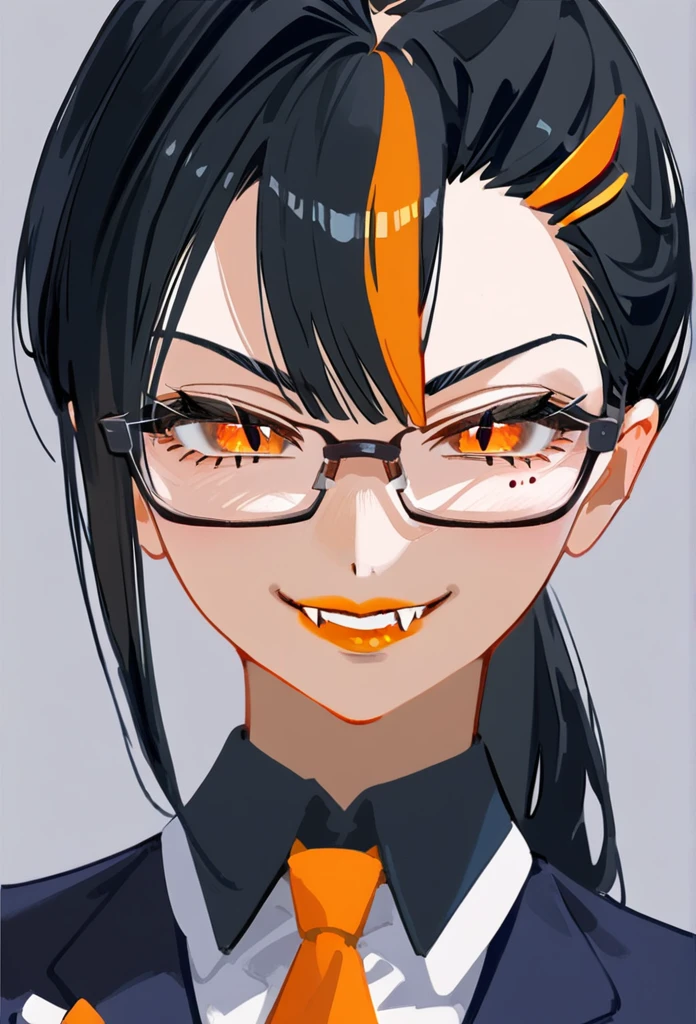 masterpiece, best quality, full body, score_9,older woman,orange lipstick,secretary outfit,siren glasses,arms crossed,mole,ponytail,orange and black hair,black hair,orange streaks,fangs,smirk,close up
