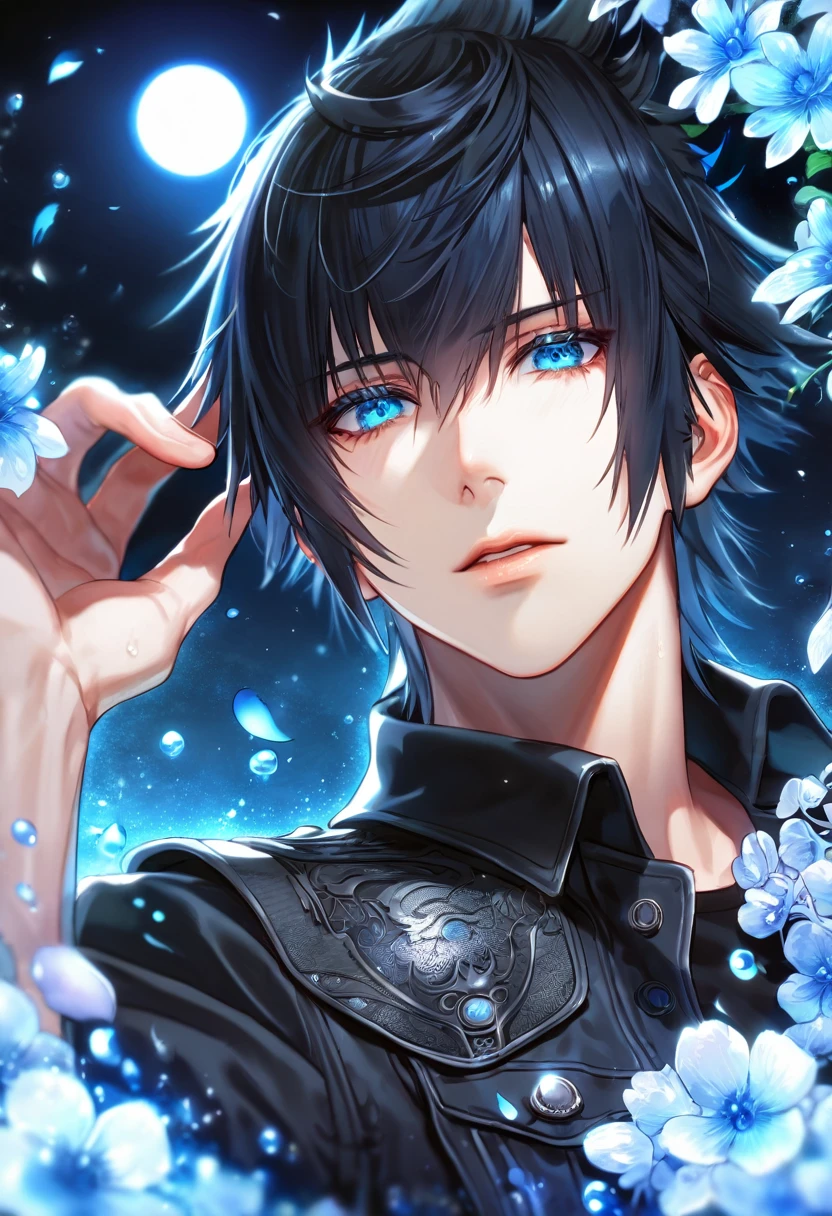 absurdres, highres, ultra detailed, HDR, master piece, Noctis Lucis Caelum, black hair, expressive blue eyes, Final Fantasy XV, sexy man, handsome, best quality, blue moon, flowers, fantasy, magical, solo, water, blue shining fireflies, blue petals, black jacket, black shirt, black gloves,
