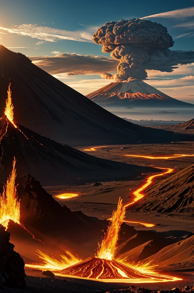 Create an image where there is a robot fighting with something, a landscape and a volcano erupting