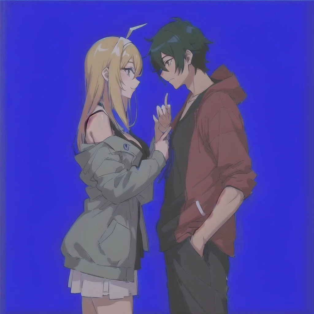 Anime couple in love on a blue background, Cel-shaded anime, Kashert Kenz, Krentz Kuschaert and Asher Duran, bakemonogatari, Created by Anime Painter Studio, modern anime style, very modern anime style, Left and VLOP, Written by Chi Dahe, Anime visual style, Nick Silva and Ilya Kuvshinov