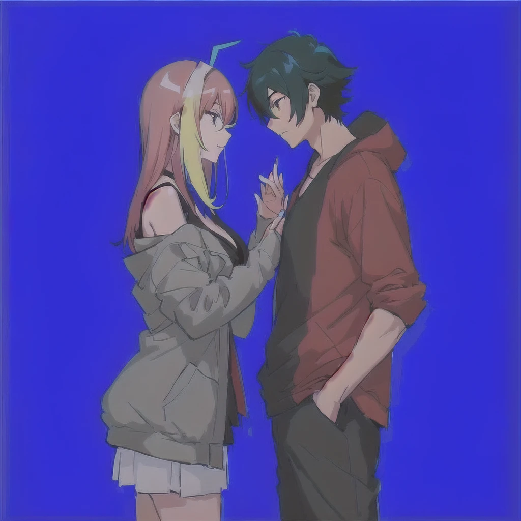 The girl put her arm around the boy's neck，2d anime，The two talked and laughed in a full-body campus style