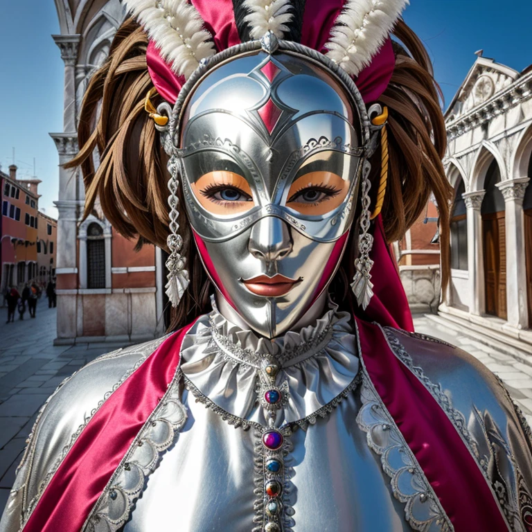 Wide-angle depiction that captures the entire body,Venice Carnival,Asymmetrical mask,Silver Mask,Flashy protrusions,Colorful long hair,No people,No background,Highest quality,masterpiece,High resolution,8K