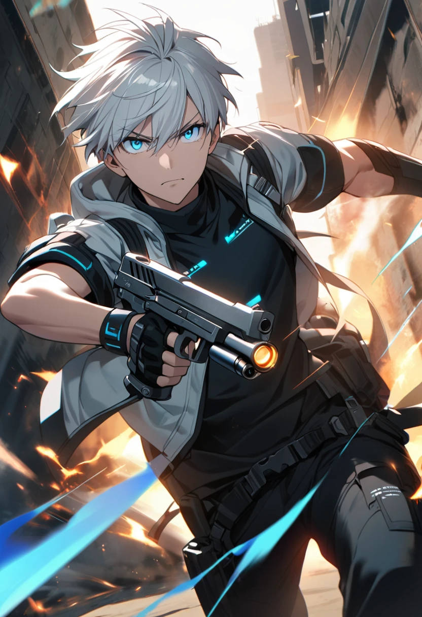1man, white hair, 1steel arm, holding pistol, blue eyes, tech wear, look to viewer, open jacket, attack