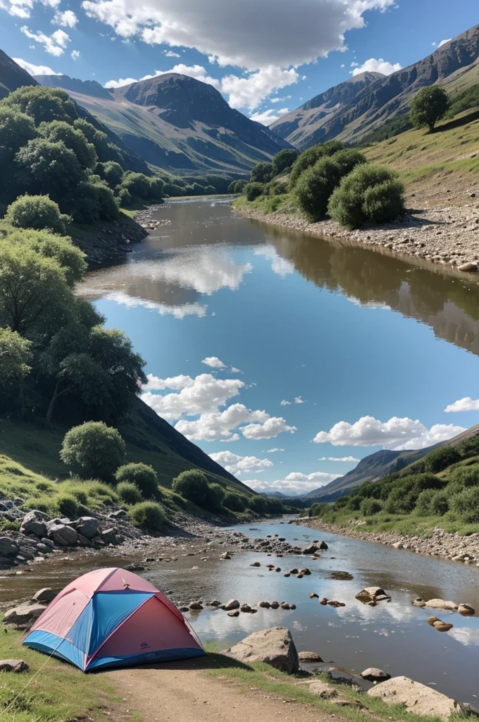 Landscape with a blue and pink sky with stratiform clouds, a camping tent near a river with stones and in the waves of the river you can subtly see the letters gp