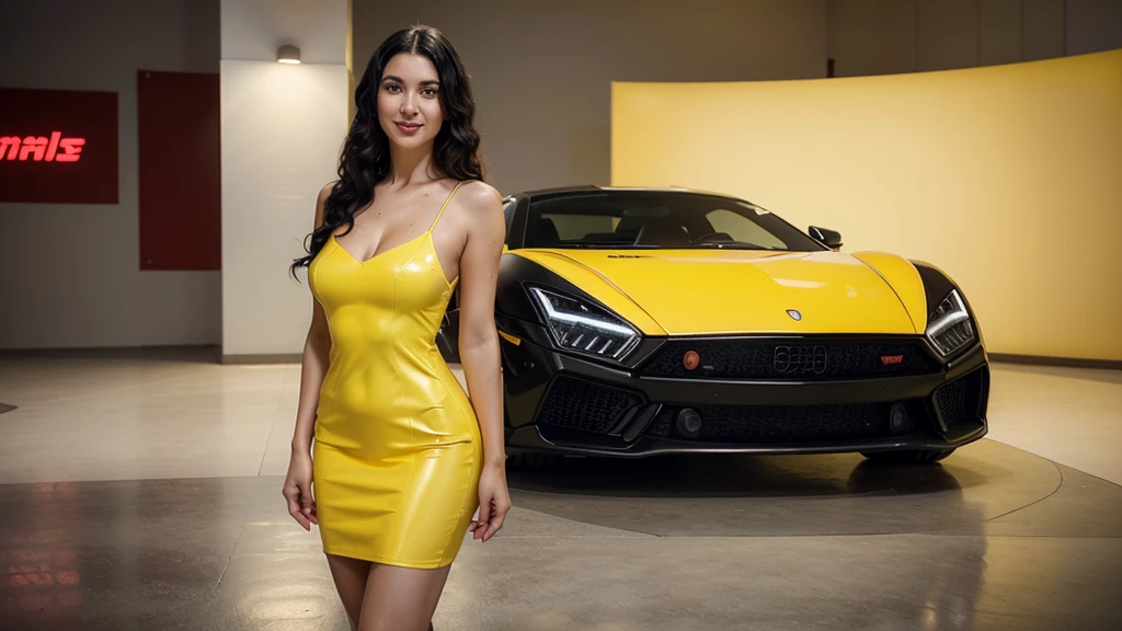 Ukrainian girl, 30 years old. Tall figure, beautiful face, dark eyes, high nose, plump lips, bright smile, curly black hair. smooth white skin. wearing a tight red dress. standing and posing in front of the yellow lambogini supercar. Realistic images, clear details, realistic and vivid color combination.