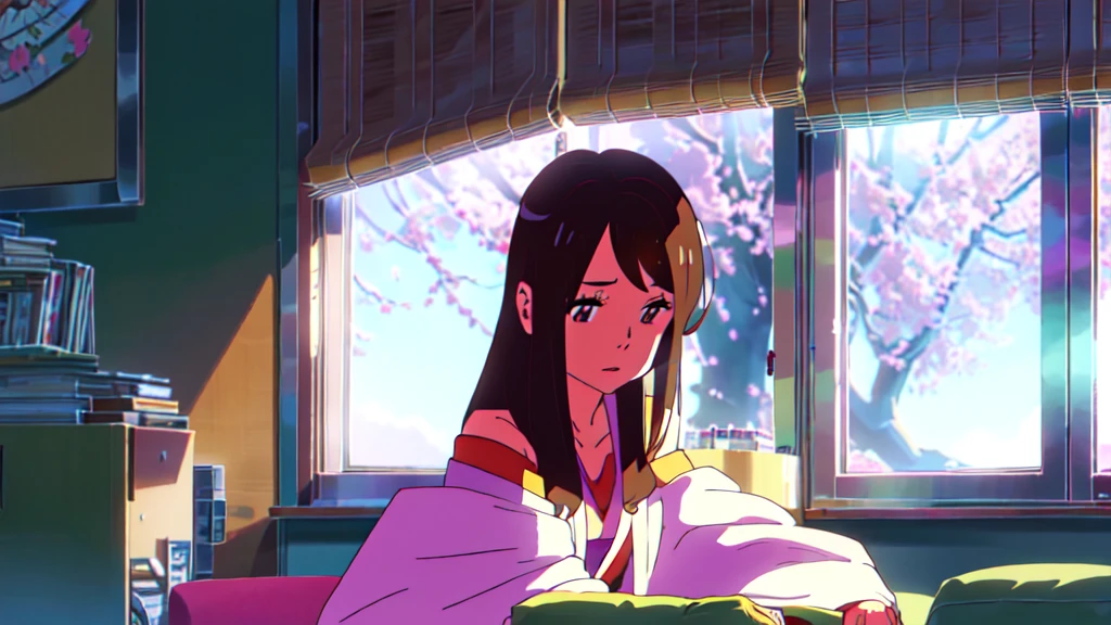 Beautiful girl with brown hair and brown eyes studying in her room while listening to music on headphones、warm lighting、There are cherry blossoms outside the room.　Japanese anime style