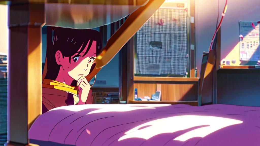 Beautiful girl with brown hair and brown eyes studying in her room while listening to music on headphones、warm lighting、There are cherry blossoms outside the room. Japanese anime style