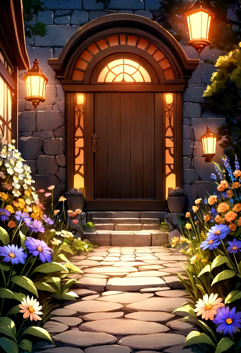 a stone wall, a refined wooden door, a stone path, garden, flowers, mystic, light orange lights, details.