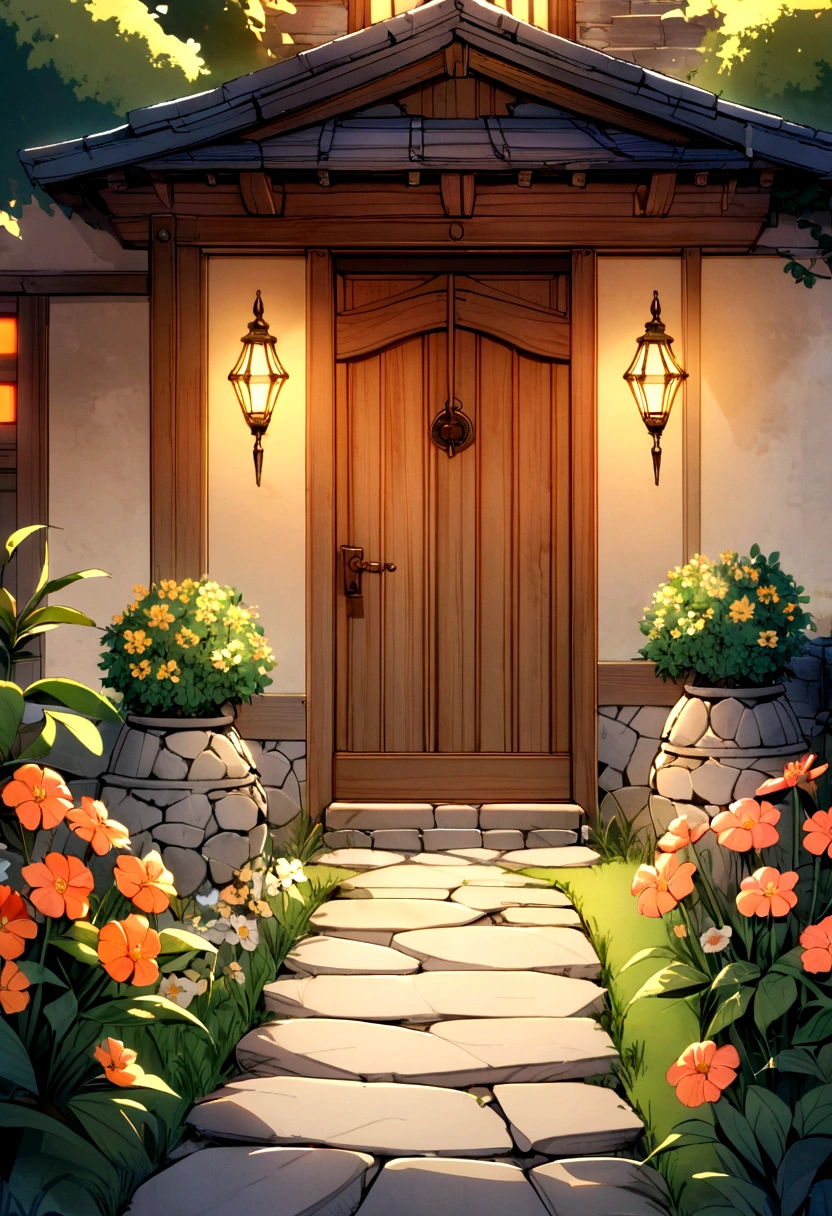 a stone wall, a refined wooden door, a stone path, garden, flowers, mystic, light orange lights, details.