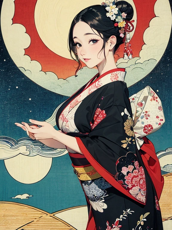 (masterpiece, Highest quality,High resolution, Official Art), (One girl), (Fractal Art:1.1),Bright and vivid color patterns in Japanese clothing、Black hair in a round bun,Traditional Japanese patterned fabric, (Dynamic pose),(Shiny skin), (Many colors:1.4), ,(Earrings:1.4),( Ukiyo-e background,moon,flower,cloud )