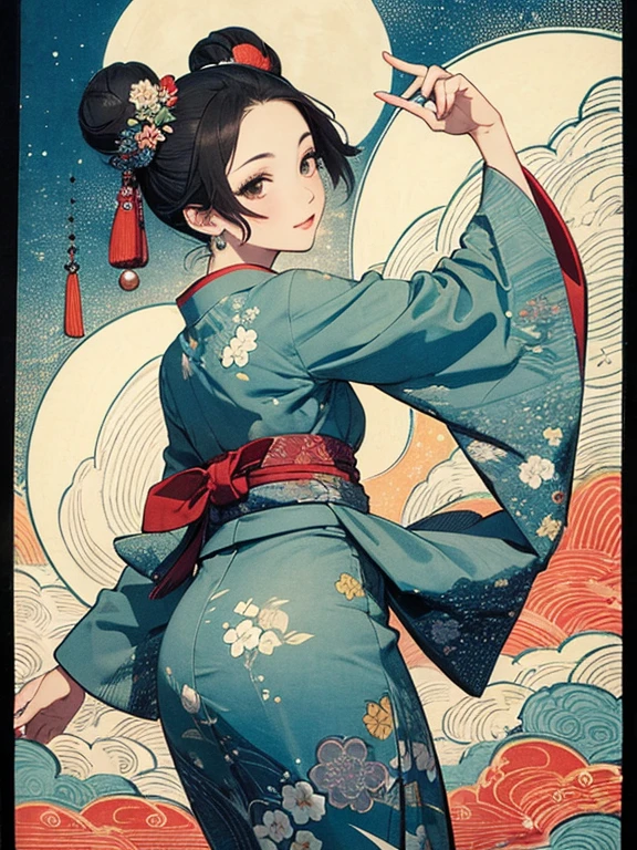 (masterpiece, Highest quality,High resolution, Official Art), (One girl), (Fractal Art:1.1),Bright and vivid color patterns in Japanese clothing、Black hair in a round bun,Traditional Japanese patterned fabric, (Dynamic pose),(Shiny skin), (Many colors:1.4), ( Ukiyo-e background,moon,flower,cloud )