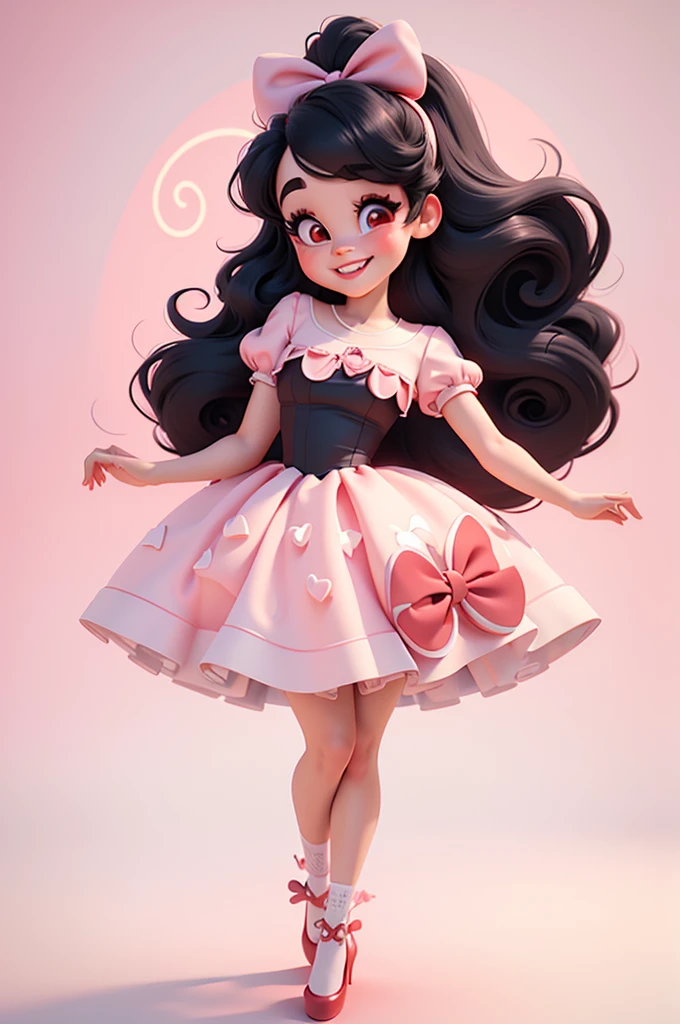 3d illustration, pixar style, cute chibi, baby girl ariana grande, black hair, long hair, red bow in hair, dress red with black with white dots, bright eyes, big eyelash, pink cheeks, happy, smiling, glitter, white socks, red high heels shoes, exuberant, fantastic, cute pose, wonderful, white background, clean solid background, hq, 8k, masterpiece
