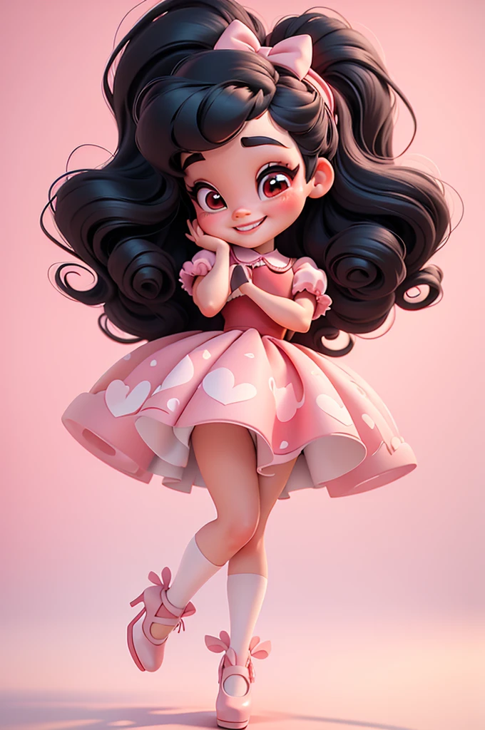 3d illustration, pixar style, cute chibi, baby girl ariana grande, black hair, long hair, red bow in hair, dress red with black with white dots, bright eyes, big eyelash, pink cheeks, happy, smiling, glitter, white socks, red high heels shoes, exuberant, fantastic, cute pose, wonderful, white background, clean solid background, hq, 8k, masterpiece
