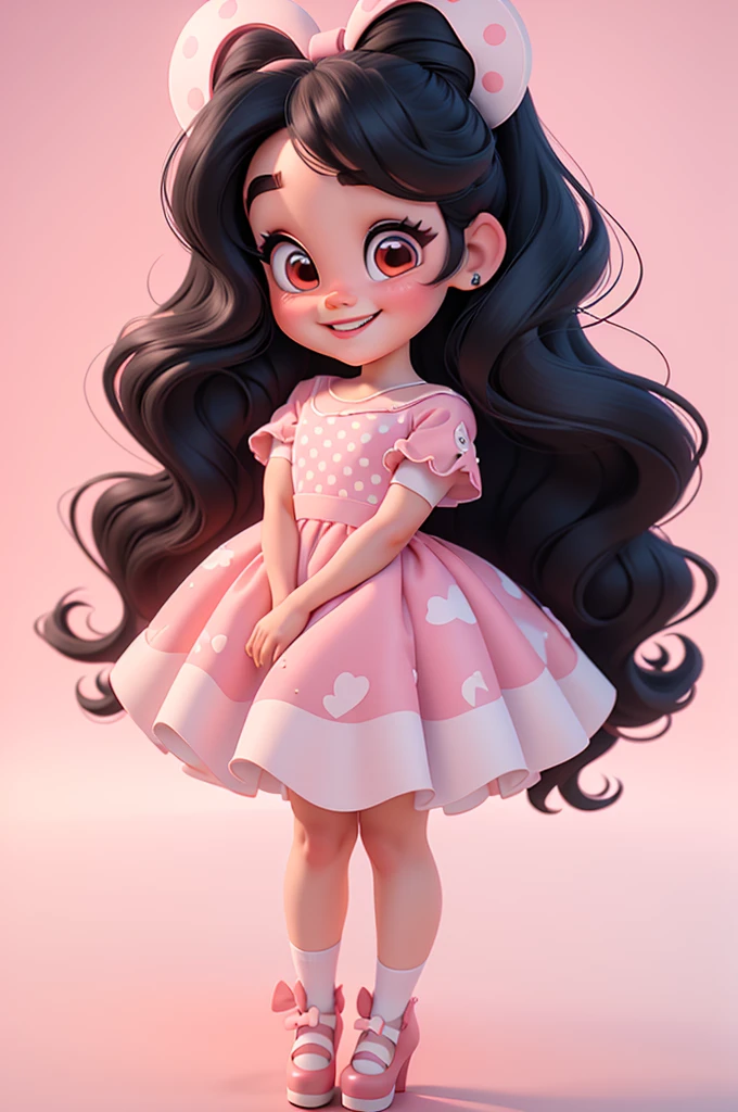 3d illustration, pixar style, cute chibi, baby girl ariana grande, black hair, long hair, red bow in hair, dress red with black with white dots, bright eyes, big eyelash, pink cheeks, happy, smiling, glitter, white socks, red high heels shoes, exuberant, fantastic, cute pose, wonderful, white background, clean solid background, hq, 8k, masterpiece
