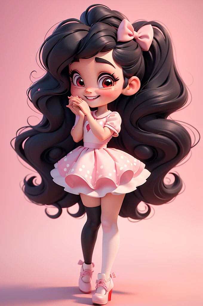 3d illustration, pixar style, cute chibi, baby girl ariana grande, black hair, long hair, red bow in hair, dress red with black with white dots, bright eyes, big eyelash, pink cheeks, happy, smiling, glitter, white socks, red high heels shoes, exuberant, fantastic, cute pose, wonderful, white background, clean solid background, hq, 8k, masterpiece
