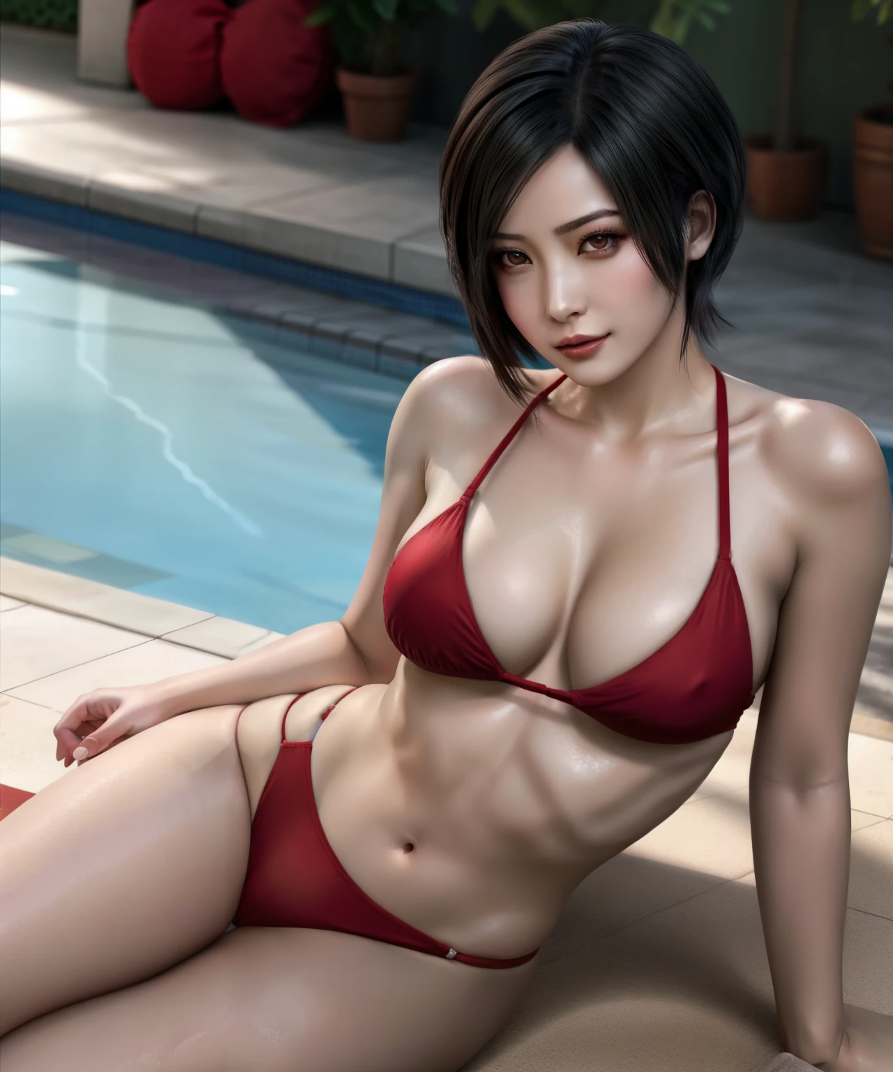 a woman, ada wong, red bikini, sitting on floor, poolside