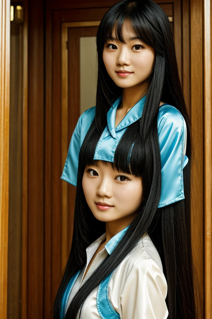 Asian woman with long, cute hair, wearing a y2k outfit, looking at the camera