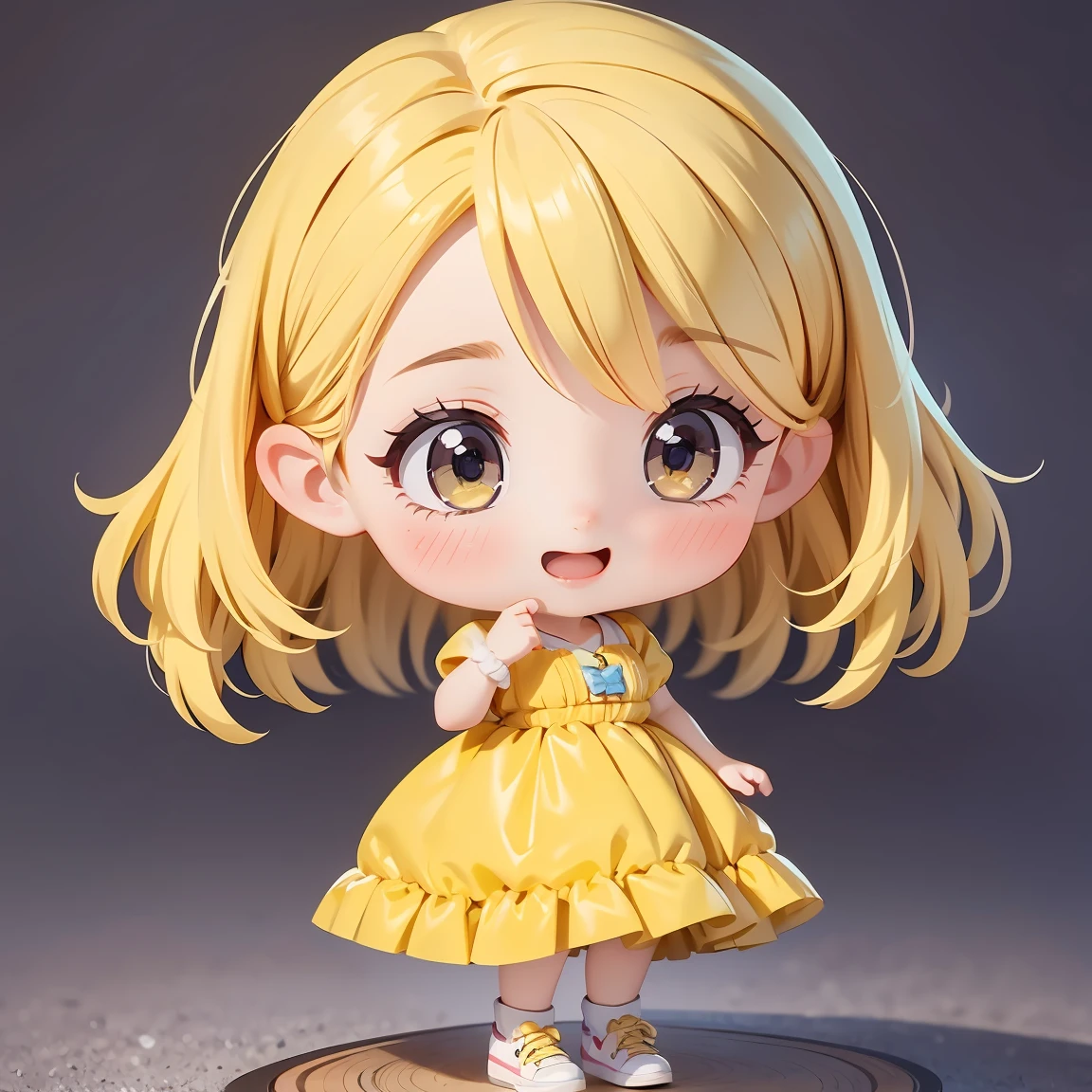  Super Chibi Character：1.8、Wearing cute shoes、background：simple、Blonde Hair、Cute 7  girl、Yellow Cinderella Dress、Laughing with big mouth open：1.8