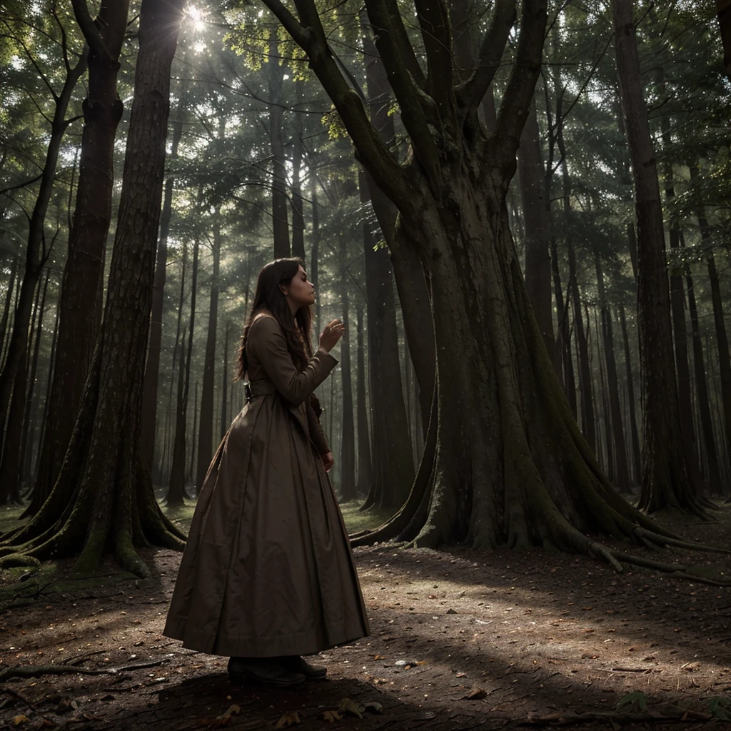 A hand reaches out and touches the rough bark of an ancient tree in the heart of a dark forest. The fingers trace the deep grooves and knots, feeling the cold, damp texture of the wood. Moonlight filters through the dense canopy above, casting a pale glow on the hand and the tree. As the hand makes contact, a shiver runs through the forest, and a distant whisper seems to emanate from the tree itself. The person hesitates, sensing something unusual, as if the tree holds secrets from a long-forgotten past, waiting to be revealed.