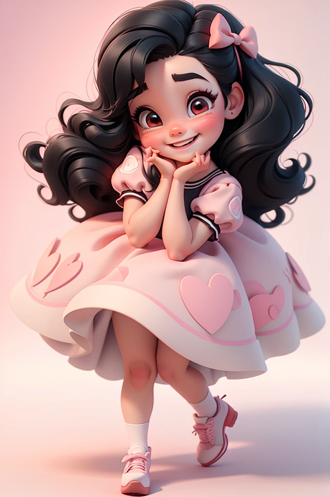 3d illustration, pixar style, cute chibi, baby girl , black hair,  red bow in hair, dress red with black with white dots, bright eyes, big eyelash, pink cheeks, happy, smiling, glitter, white socks, red high heels shoes, exuberant, fantastic, cute pose, wonderful, white background, clean solid background, hq, 8k, masterpiece
