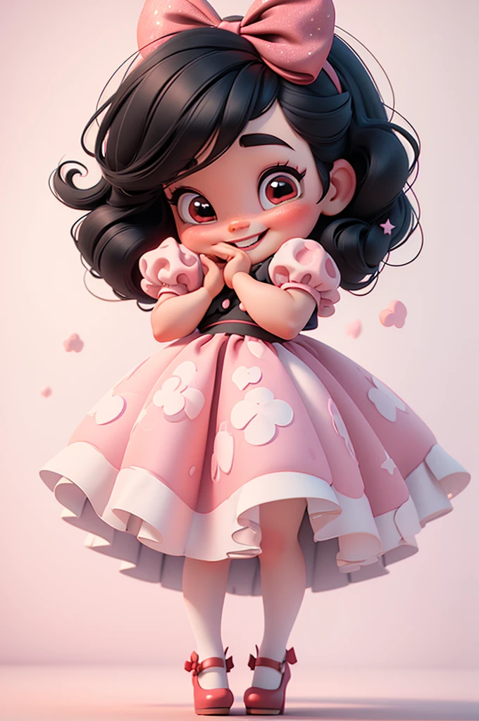 3d illustration, pixar style, cute chibi, baby girl , black hair,  red bow in hair, dress red with black with white dots, bright eyes, big eyelash, pink cheeks, happy, smiling, glitter, white socks, red high heels shoes, exuberant, fantastic, cute pose, wonderful, white background, clean solid background, hq, 8k, masterpiece
