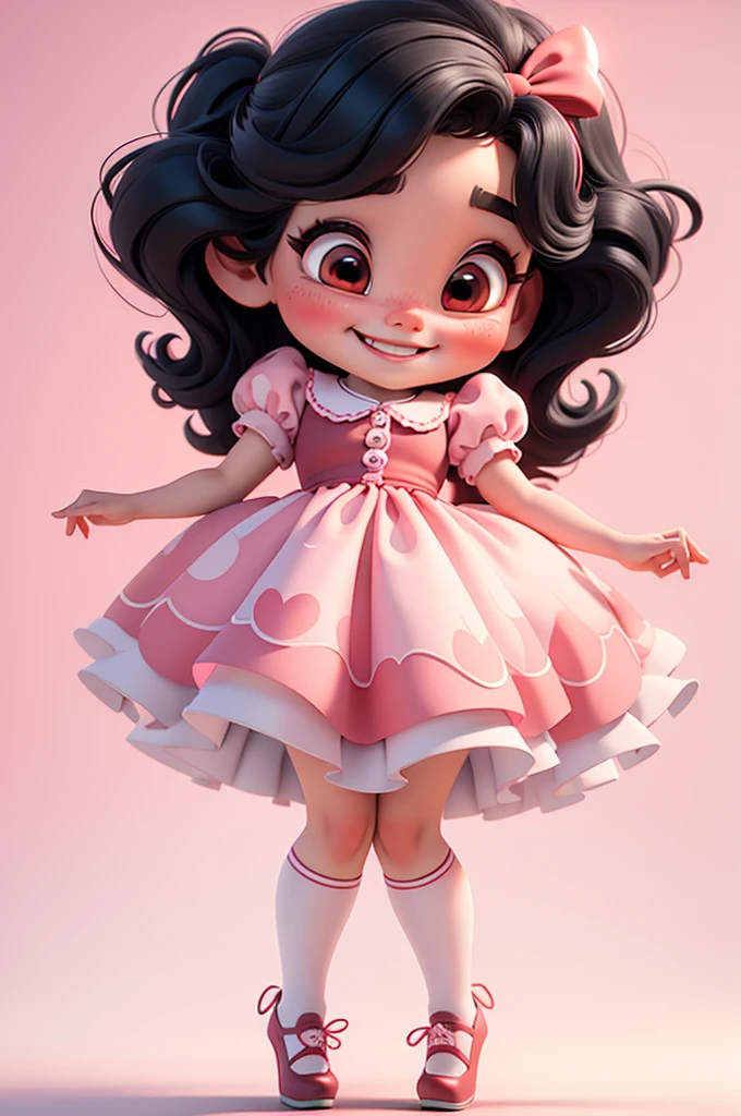 3d illustration, pixar style, cute chibi, baby girl , black hair,  red bow in hair, dress red with black with white dots, bright eyes, big eyelash, pink cheeks, happy, smiling, glitter, white socks, red high heels shoes, exuberant, fantastic, cute pose, wonderful, white background, clean solid background, hq, 8k, masterpiece
