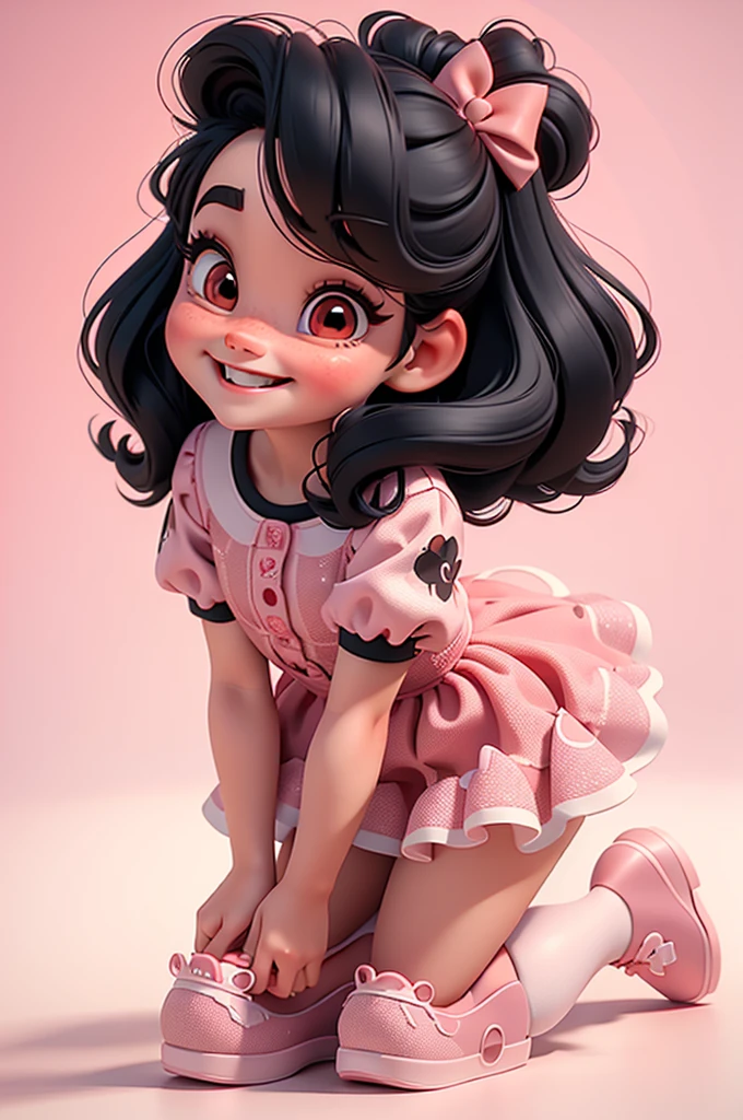 3d illustration, pixar style, cute chibi, baby girl , black hair,  red bow in hair, dress red with black with white dots, bright eyes, big eyelash, pink cheeks, happy, smiling, glitter, white socks, red high heels shoes, exuberant, fantastic, cute pose, wonderful, white background, clean solid background, hq, 8k, masterpiece
