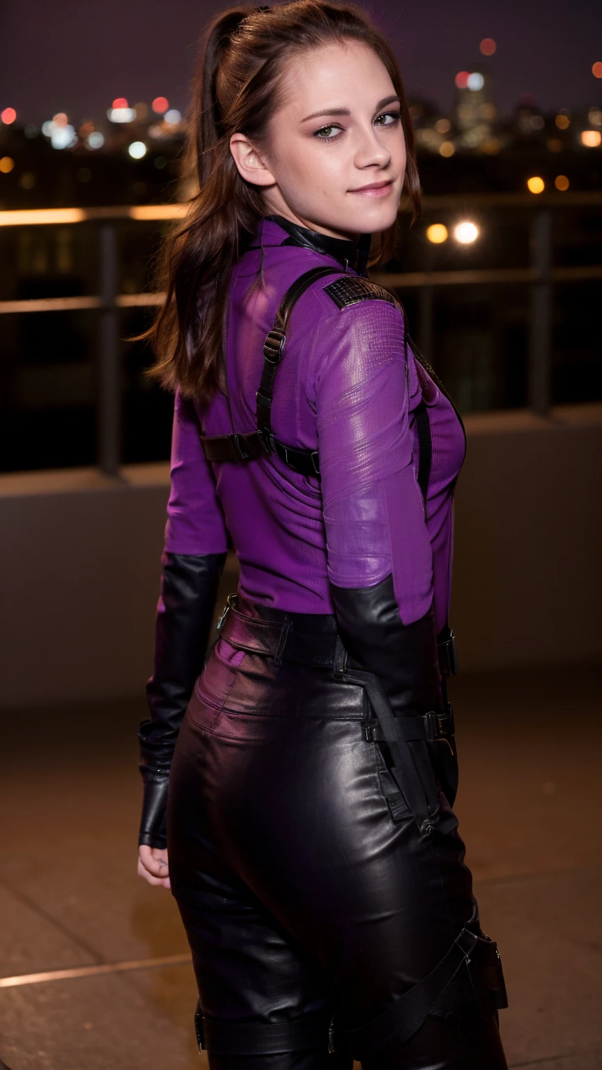(masterpiece), (photorealistic1.4), (epiCRealLife), (lora:KateBishopFNLoRA:1.0 ribbed bodysuit costume), (KateBishopFNLoRA black leather pants), (KateBishopFNLoRA utilities belt), (leg holster) (KateBishopFNLoRA black gloves), (Kate Bishop Purple Costume),, (epiCFlashPhoto), (harness), (medium height), (ponytail), (young woman), ,(flashphoto), (flash photography), (make up) , (Kristen Stewart), (on New York Rooftop), (Kristen Stewart smile), (back poses), (from behind), (show back), (kst3w-v2)
