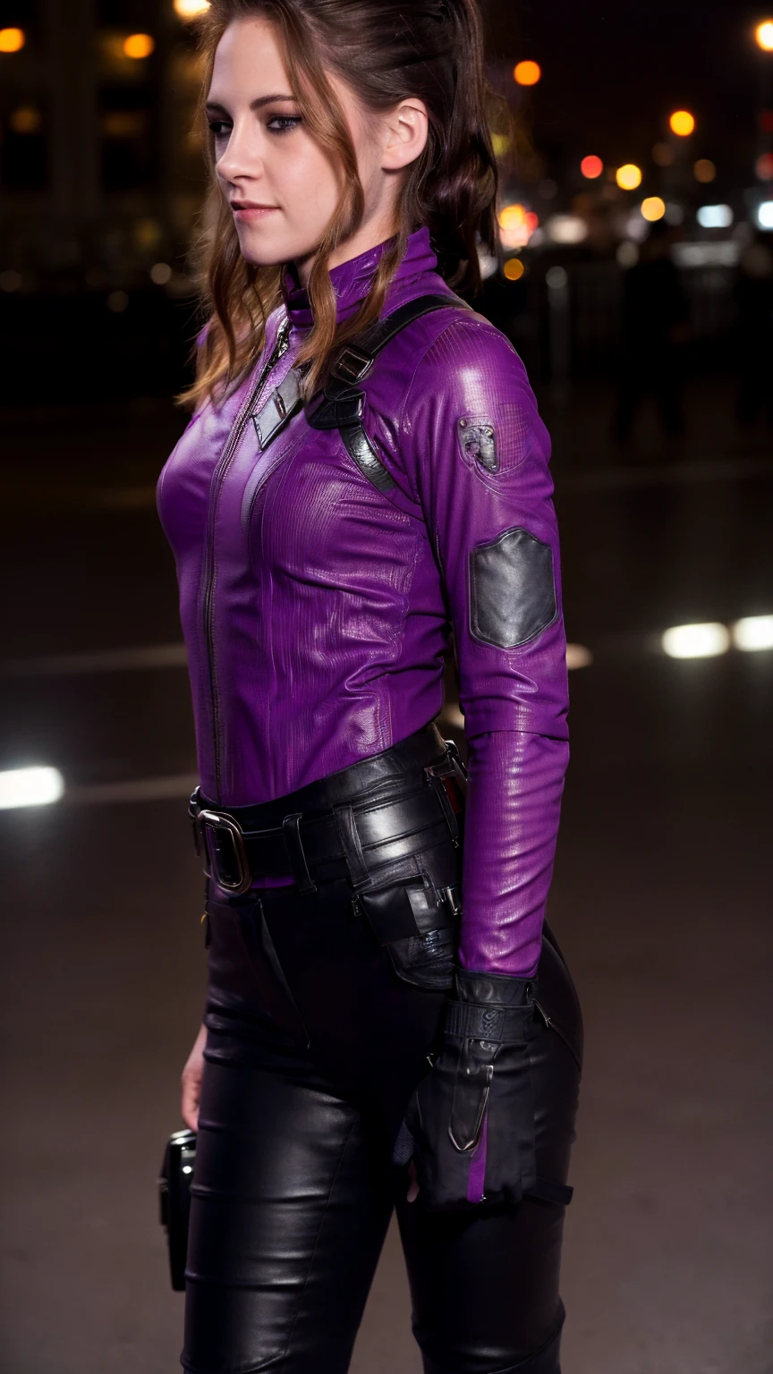 (masterpiece), (photorealistic1.4), (epiCRealLife), (lora:KateBishopFNLoRA:1.0 ribbed bodysuit costume), (KateBishopFNLoRA black leather pants), (KateBishopFNLoRA utilities belt), (leg holster) (KateBishopFNLoRA black gloves), (Kate Bishop Purple Costume),, (epiCFlashPhoto), (harness), (medium height), (ponytail), (young woman), ,(flashphoto), (flash photography), (make up) , (Kristen Stewart), (on New York Rooftop),  (Kristen Stewart smile), (back poses), (from behind), (show back), (kst3w-v2)