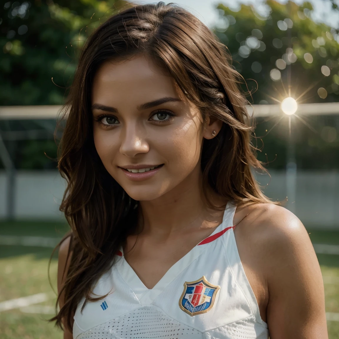 une belle femme brune bresilienne qui joue au soccer ,She has a beautiful smile and flirts with the camera, in the light of sunrise, corps parfait, cheveux parfaits, poitrine parfaite, hair behind, uhd, retina, accurate, anatomically correct, textured skin, great detail, high details, High quality, prime, best quality, high resolution, 16K, 8K, hyper realistic, ((realistic lighting, best quality, 8K, head of'artwork: 1.3))