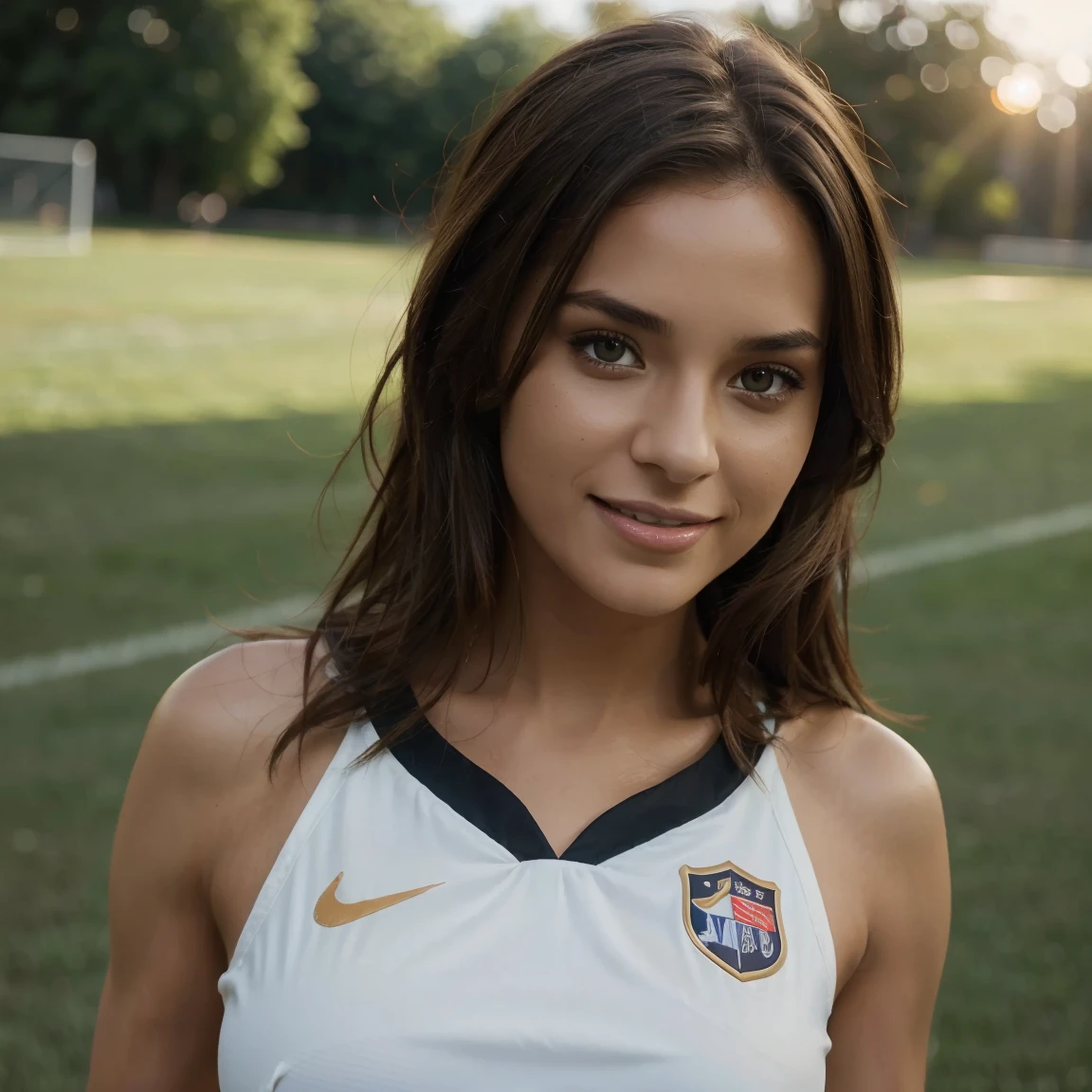 une belle femme brune bresilienne qui joue au soccer ,She has a beautiful smile and flirts with the camera, in the light of sunrise, corps parfait, cheveux parfaits, poitrine parfaite, hair behind, uhd, retina, accurate, anatomically correct, textured skin, great detail, high details, High quality, prime, best quality, high resolution, 16K, 8K, hyper realistic, ((realistic lighting, best quality, 8K, head of'artwork: 1.3))