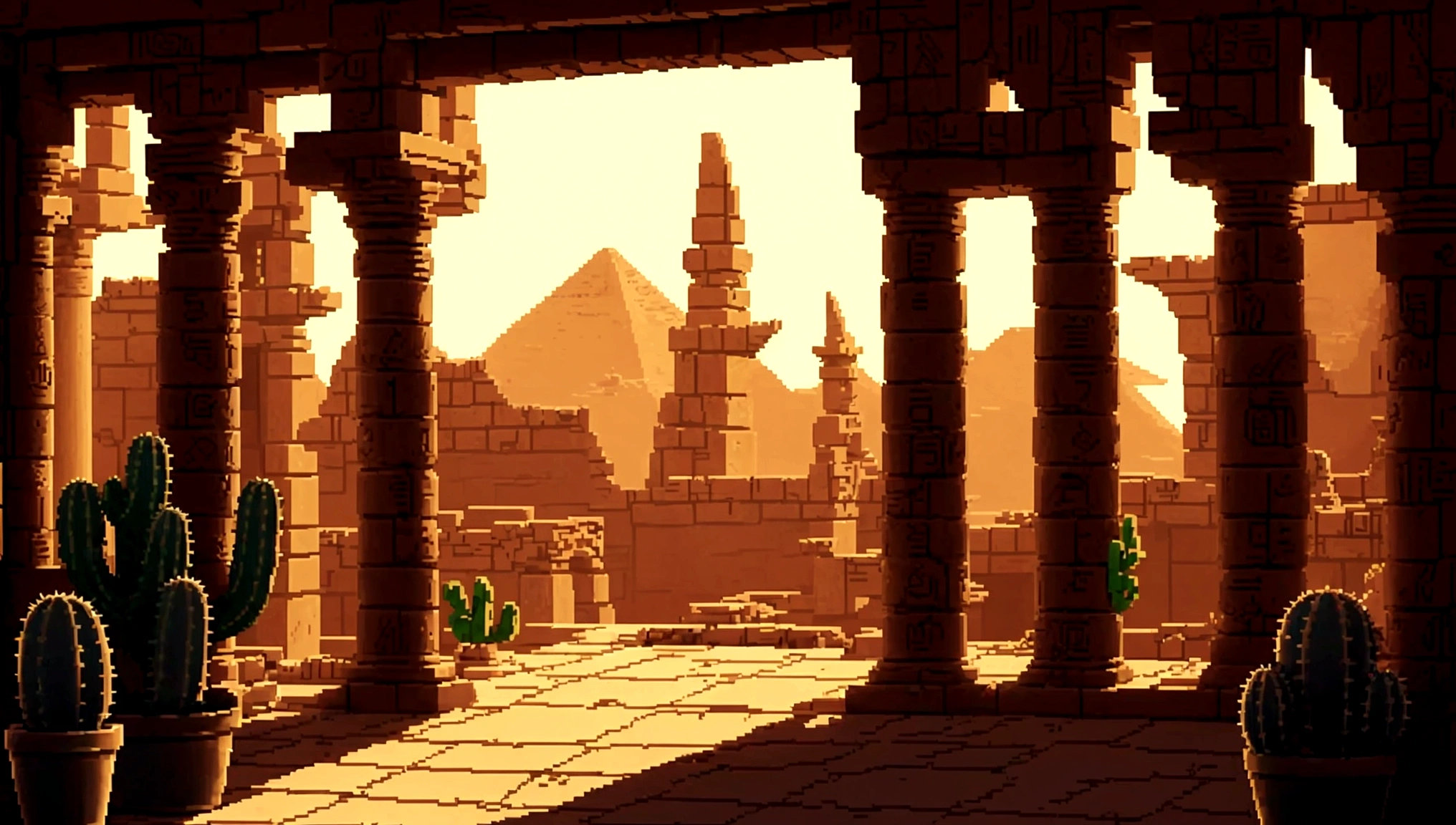 pixel art of a desert scene with a small building and cactus trees, desert temple, style of monument valley, detailed pixel art, pixel art style, concept pixelart, #pixelart:3, ancient epic tower in the desert, beautiful detailed pixel art, detailed pixel artwork, # pixelart, #pixelart, background depicting a temple, pixel artwork, desert mesa, egyptian temple with a statue of anubis and other statues, egyptian mummy king, egyptian setting, in an ancient tomb, ancient interior tent background, ancient persian temple dungeon, egyptian environment, egyptian atmosphere, the egyptian god, egyptian style, hieroglyphic occult, ancient egypt painting, game asset occult, background image, ancient, pharaoh clothes