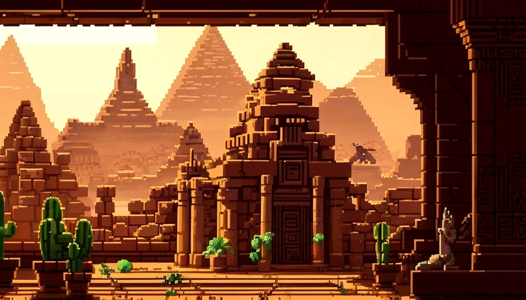 pixel art of a desert scene with a small building and cactus trees, desert temple, style of monument valley, detailed pixel art, pixel art style, concept pixelart, #pixelart:3, ancient epic tower in the desert, beautiful detailed pixel art, detailed pixel artwork, # pixelart, #pixelart, background depicting a temple, pixel artwork, desert mesa, egyptian temple with a statue of anubis and other statues, egyptian mummy king, egyptian setting, in an ancient tomb, ancient interior tent background, ancient persian temple dungeon, egyptian environment, egyptian atmosphere, the egyptian god, egyptian style, hieroglyphic occult, ancient egypt painting, game asset occult, background image, ancient, pharaoh clothes