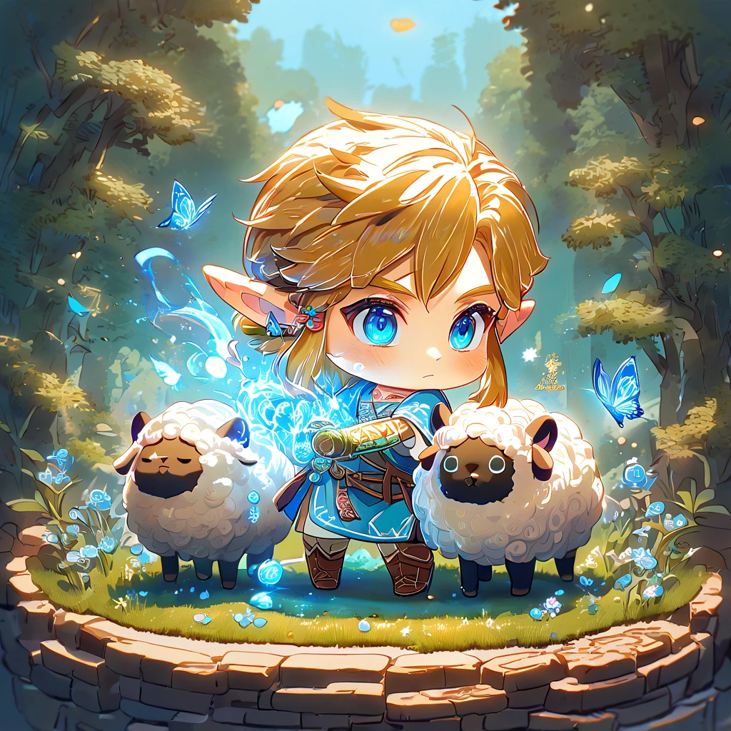 absurdres, highres, ultra detailed, HDR, master piece, best quality, extremely detailed, Link chibi, blonde hair, expressive blue eyes, The Legend Of Zelda Breath Of The Wild, boy hugging a sheep, cute, small, blue tunic, magical, fantasy, magic, blue fire, forest, glittering, blue butterflies, blue petals, blue flowers