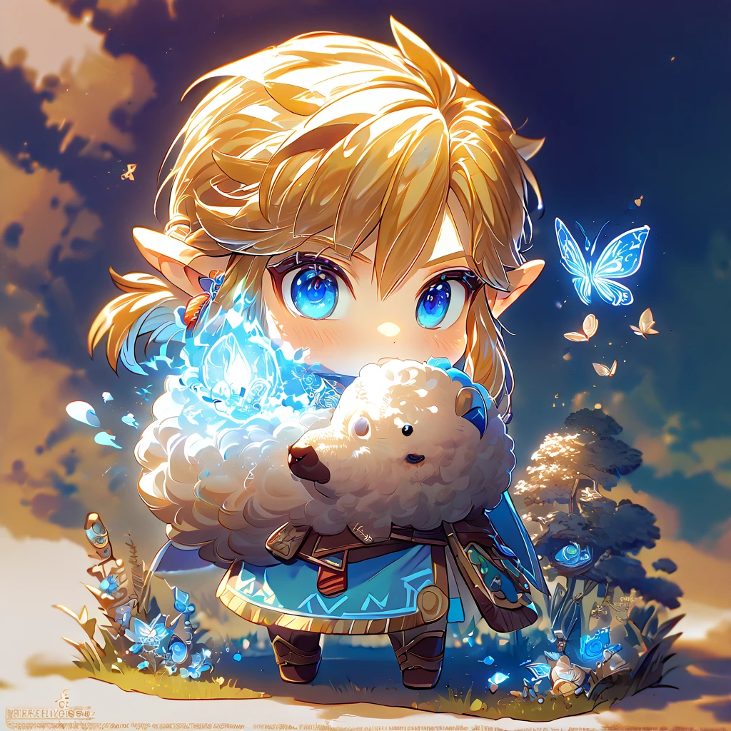 absurdres, highres, ultra detailed, HDR, master piece, best quality, extremely detailed, Link chibi, blonde hair, expressive blue eyes, The Legend Of Zelda Breath Of The Wild, boy hugging a sheep, cute, small, blue tunic, magical, fantasy, magic, blue fire, forest, glittering, blue butterflies, blue petals, blue flowers