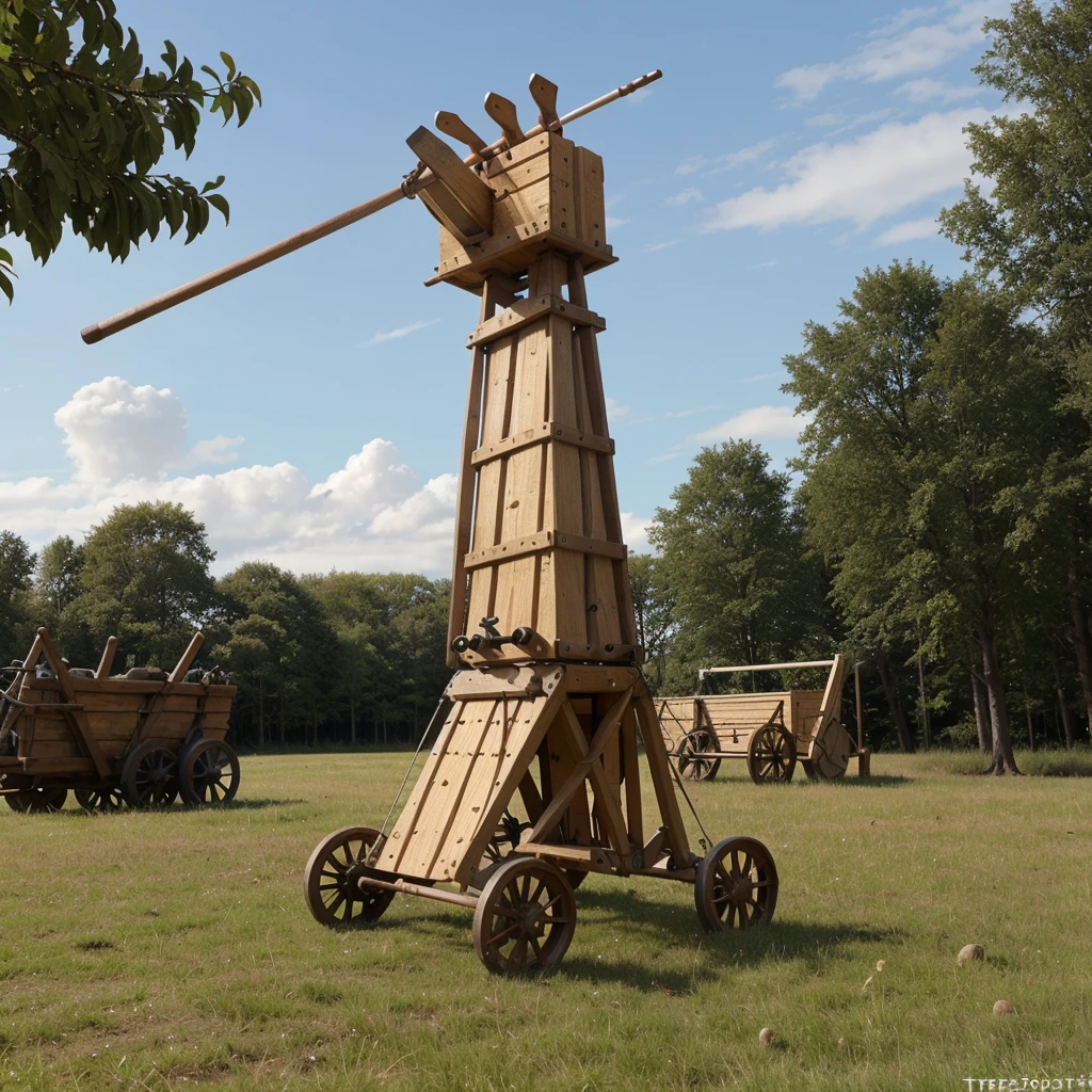 Medieval siege weapon. It's a medieval military contraption made of wood and iron, standing outdoors on a grassy plain. photograph, trebuchet, realistic, siege engine, weapon, robust, ballista, sturdy, thick, onager, heavy, catapult, wheels, scorpion, wooden poles, mangonel